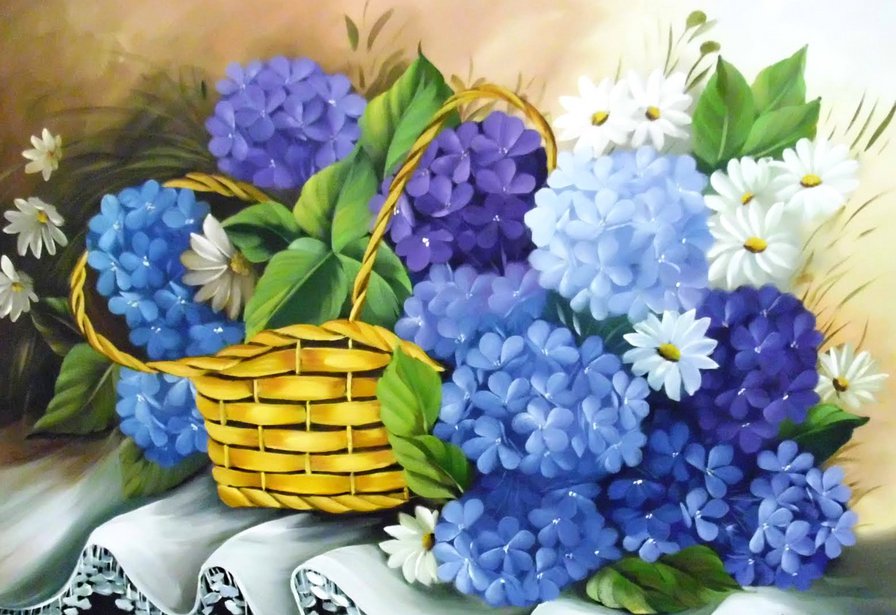 Корзина с цветами - ромашки, цветы, цветок, ромашка, гортензия, букет - оригинал