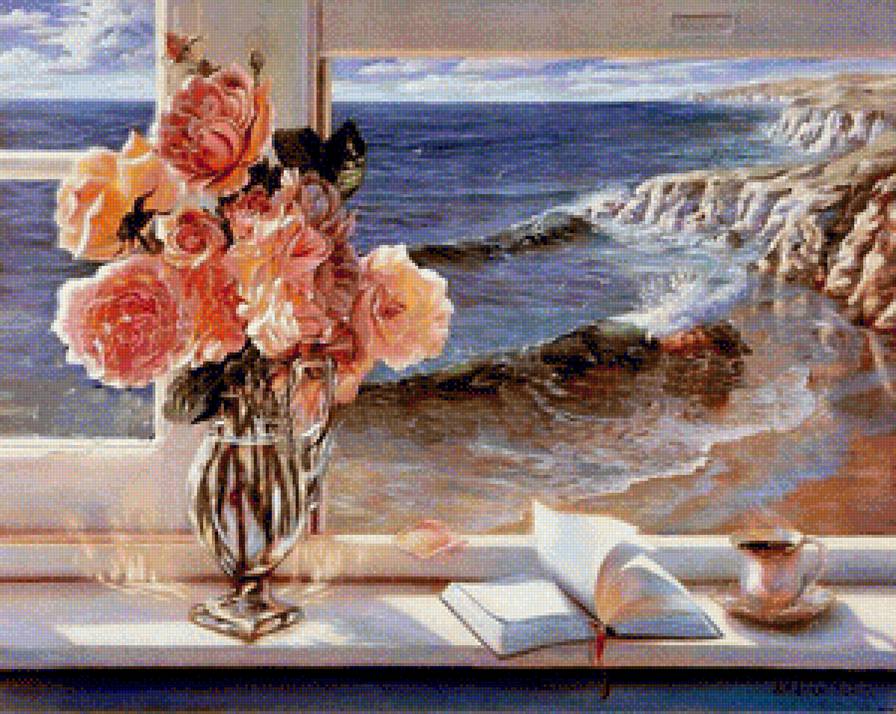 Вид из окна - книга, букет, море, окно, розы, отдых - предпросмотр