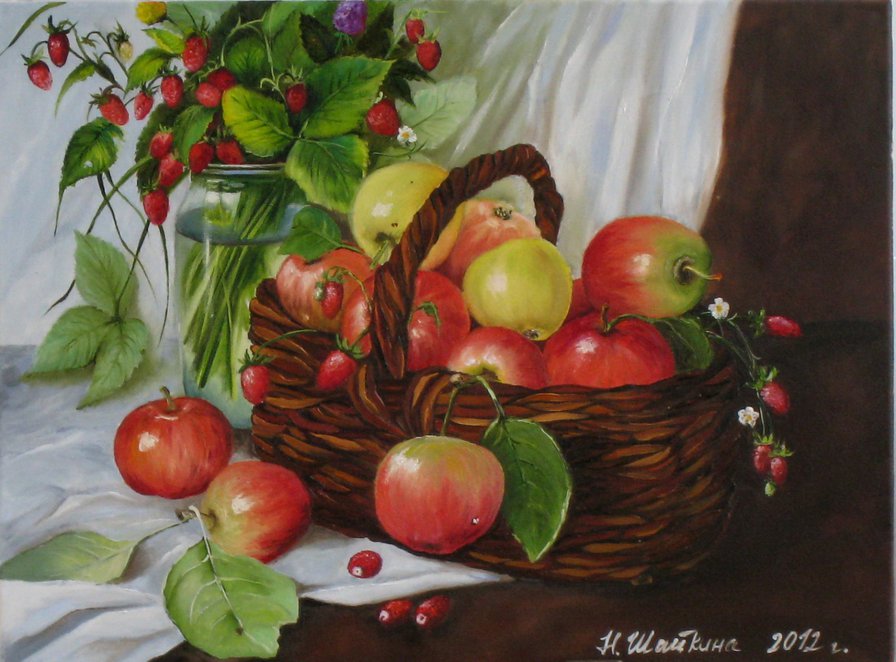 Яблоки - натюрморт, фрукты, яблоня, земляника - оригинал