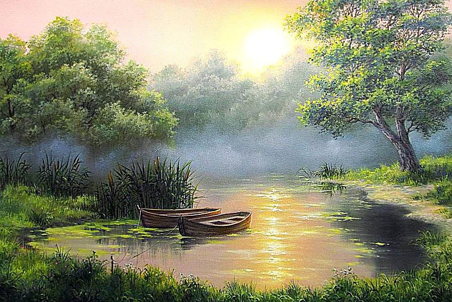 Туманное утро - пейзаж, картина, лес, осень, пруд, лодка - оригинал