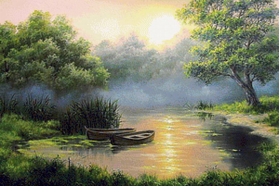 Туманное утро - пейзаж, картина, пруд, осень, лодка, лес - предпросмотр