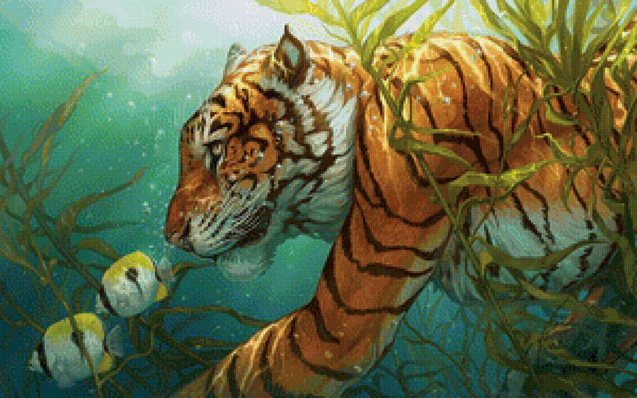 тигр плывет - водоросли, рыбки, тигр - предпросмотр