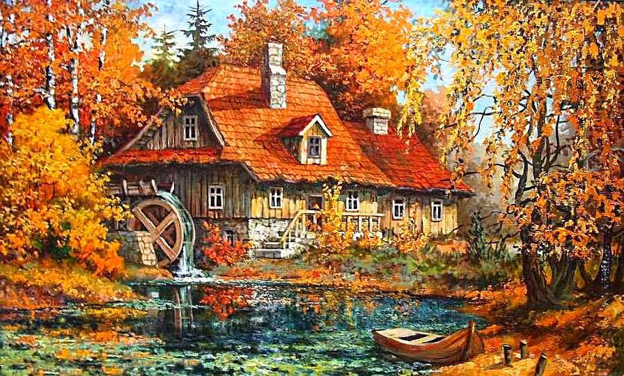 Водянная мельница в осеннем лесу - осень, природа, дом, река - оригинал