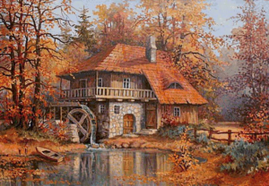 Водянная мельница в осеннем лесу - осень, река, природа, дом - предпросмотр