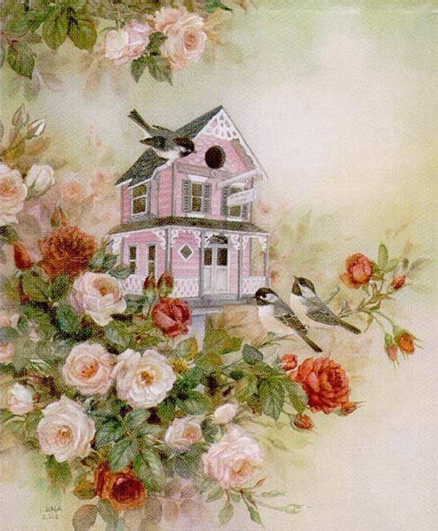Птицы у домика в розах - птицы, цветы - оригинал