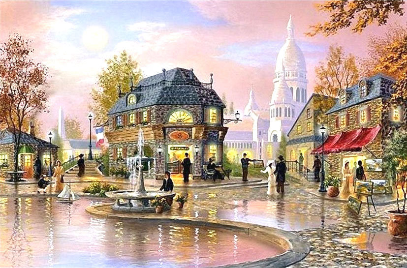 Старинный город - фонтан, люди, дома, вода, улица - оригинал
