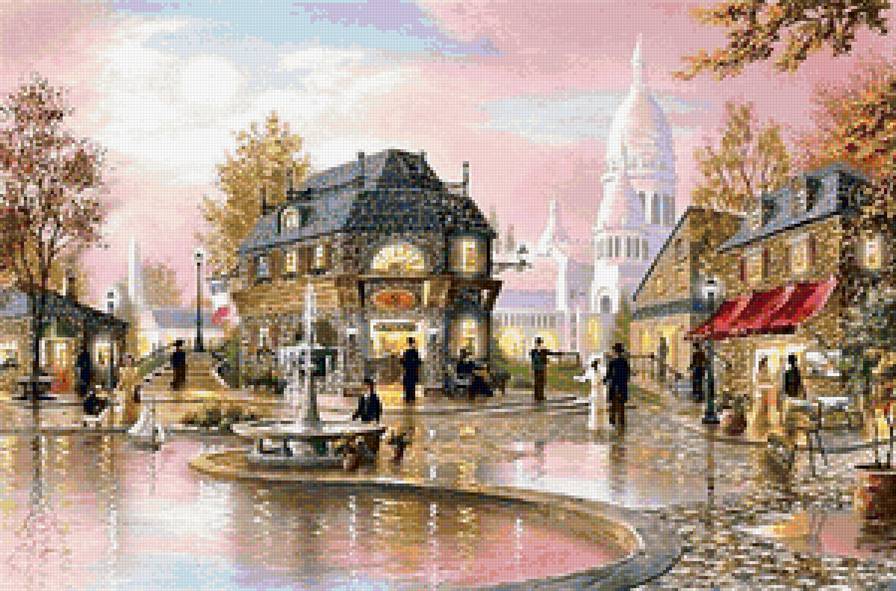 Старинный город - дома, люди, улица, фонтан, вода - предпросмотр