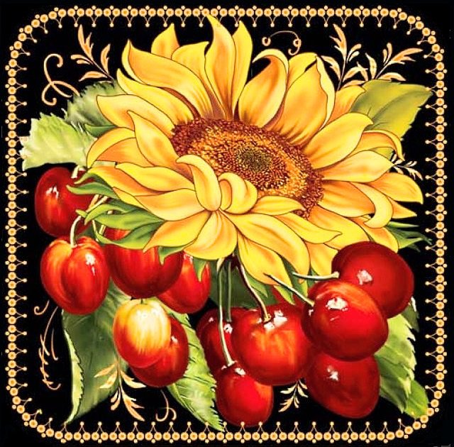 солнечные цветы - подсолнух, подсолнухи, ягоды, вишня, черешня, подушка, желтые цветы - оригинал
