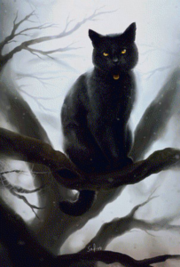 Черный кот - дерево, природа, кот, животные - предпросмотр