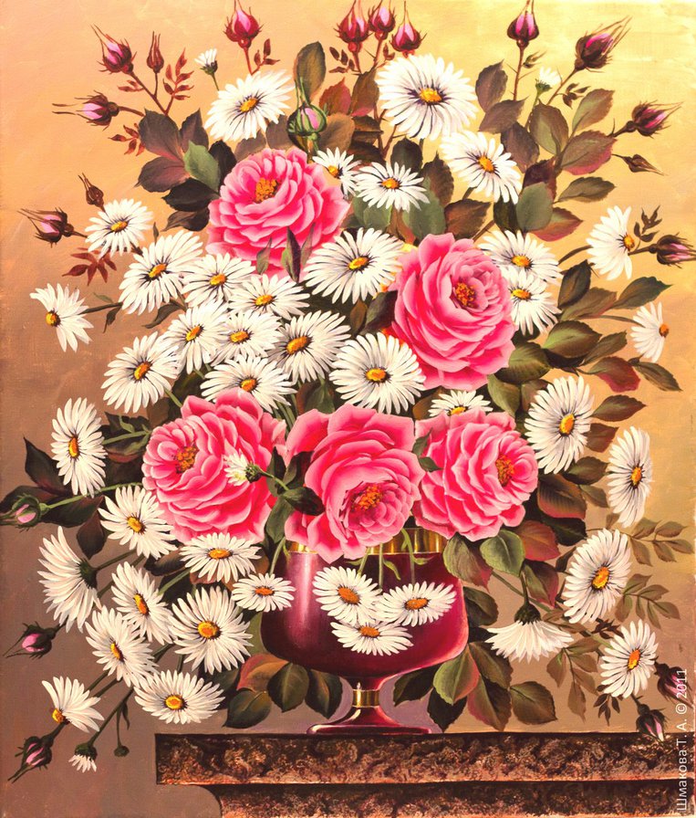 Серия "Флора" - ваза, натюрморт, розы, ромашкы, букет - оригинал
