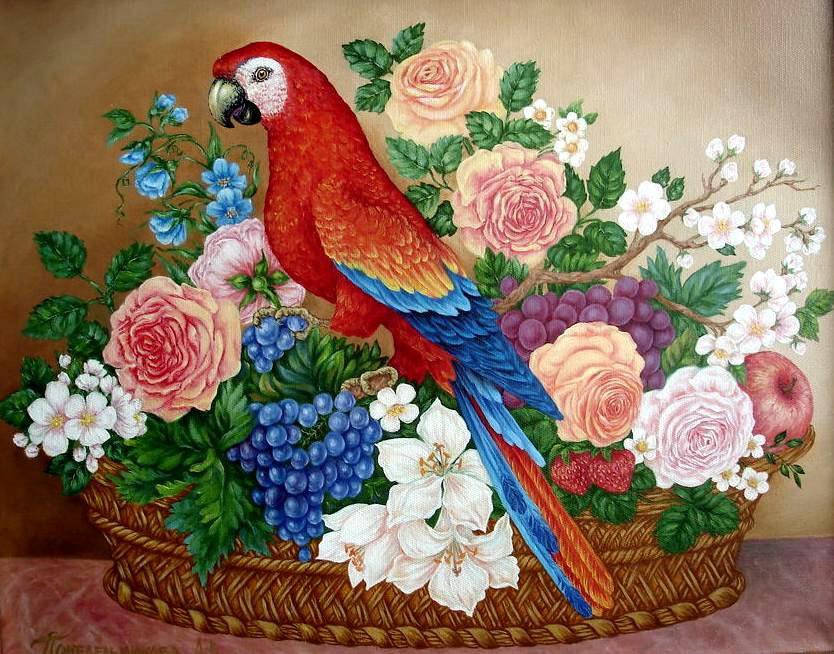 Натюрморт - попугай, цветы, фрукты, натюрморт - оригинал