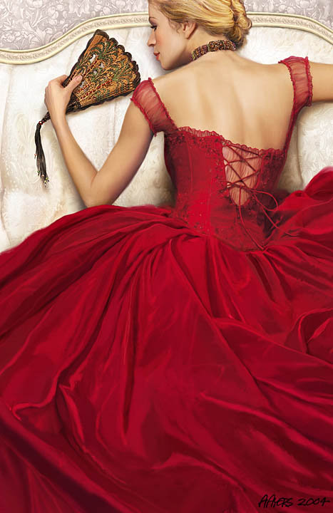 Lady in red - девушка, веер, портрет - оригинал