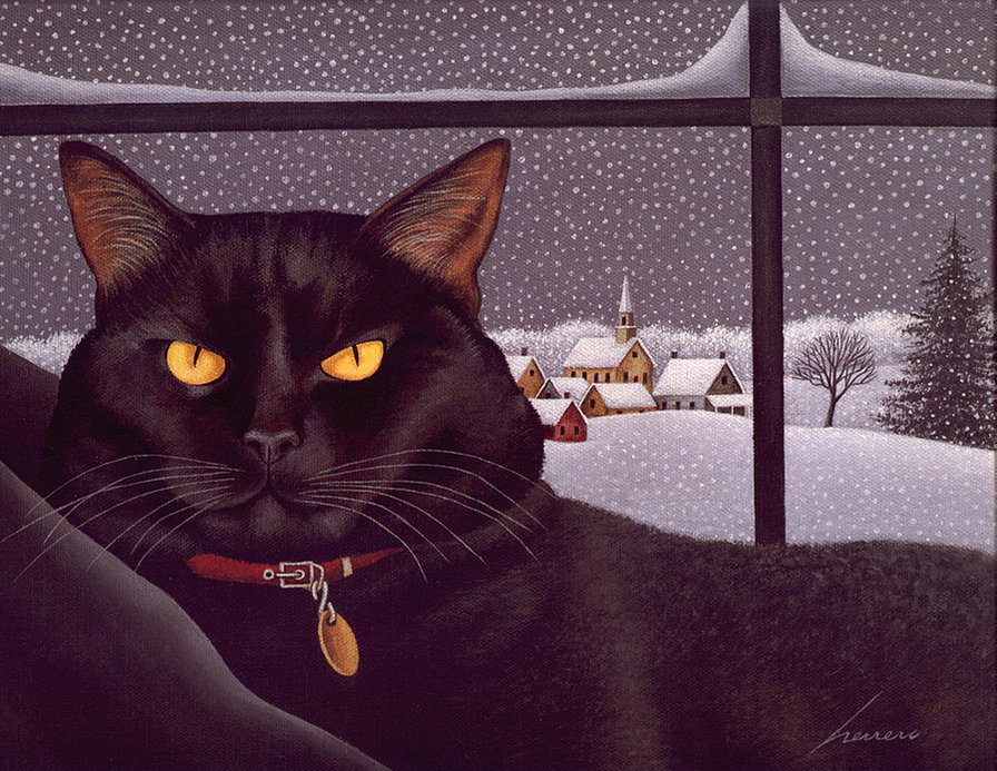 благородный кот - окно, зима, черный кот, кот, снег - оригинал