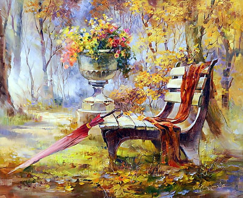 №1148077 - парк, скамейка, зонтик, живопись, природа, осень - оригинал
