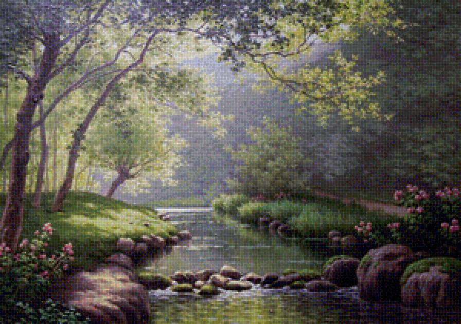 Спокойная река - живопись, лес, природа, река, картина - предпросмотр