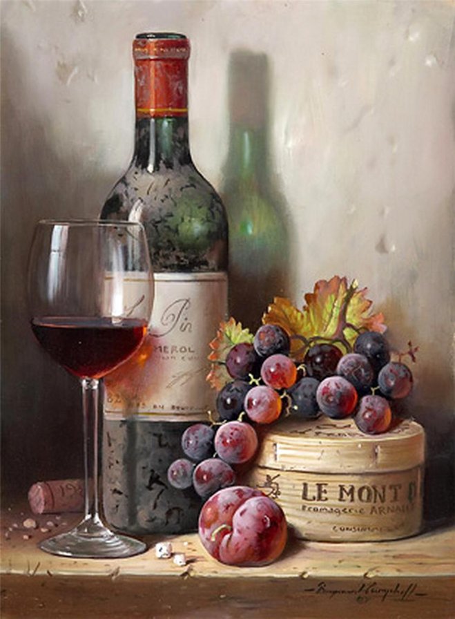 Натюрморт с вином и виноградом - натюрморт, картина - оригинал