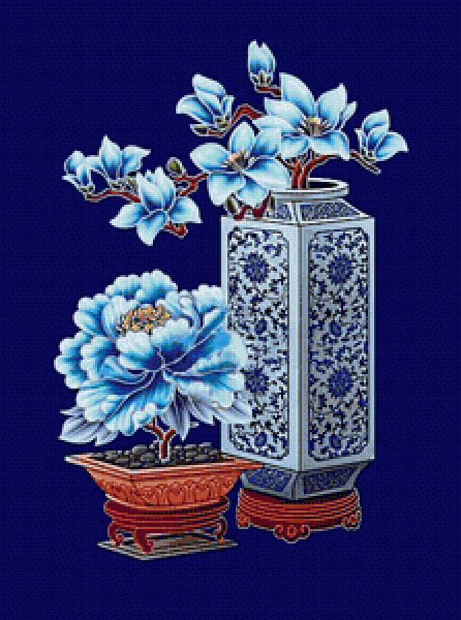 натюрморт в китайском стиле - китай, синие цветы, магнолия, пионы, азия, наюрморт, голубые цветы - предпросмотр