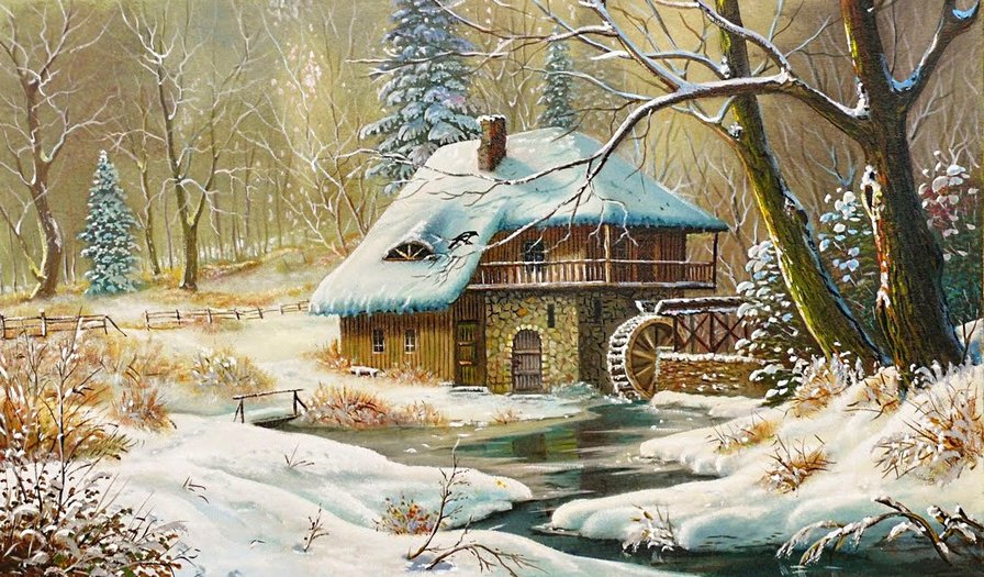 старая мельница - дом, зима, мельница, лес, снег, пейзаж, река - оригинал