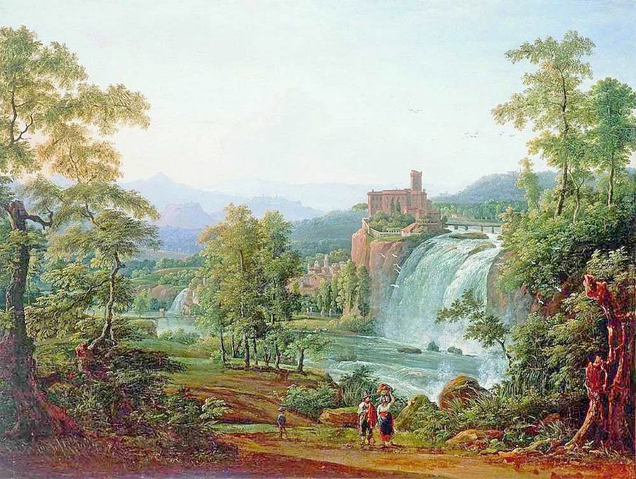 Старинная картина. Пейзаж с водопадом. - люди, водопад, лес, древняя крепость, пейзаж - оригинал