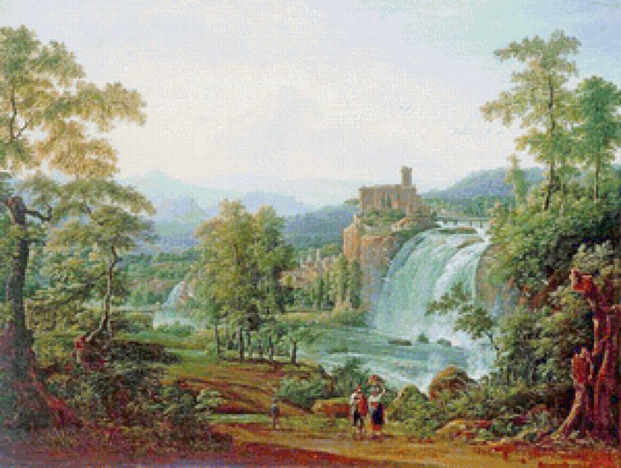 Старинная картина. Пейзаж с водопадом. - древняя крепость, водопад, пейзаж, лес, люди - предпросмотр