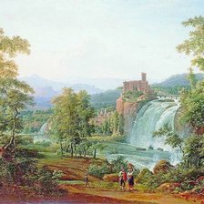 Старинная картина. Пейзаж с водопадом.