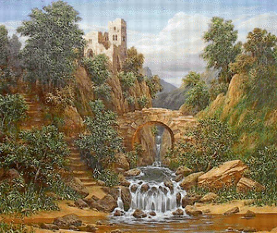 Пейзаж с водопадом и старой крепостью - крепость, природа, горы, лес, водопад - предпросмотр