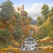 Пейзаж с водопадом и старой крепостью