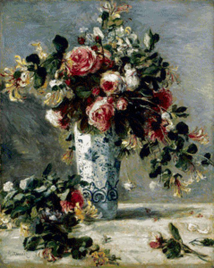 Розы и жасмин в дельтфской вазе. Ренуар - букеты, живопись, цветы - предпросмотр