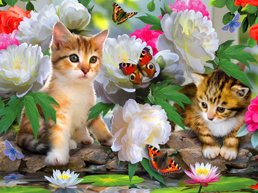 котята в цветах - кошки, животные, природа - оригинал