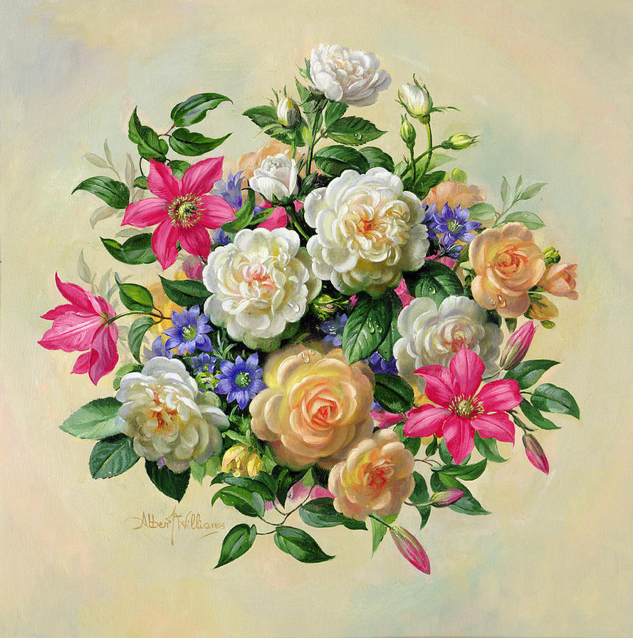 Подушка "Пестрый букетик" - цветы, букет, живопись, розы, подушка - оригинал