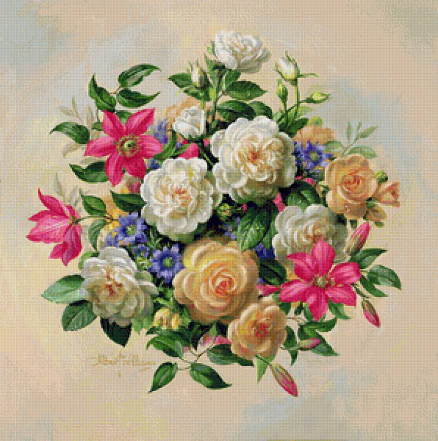 Подушка "Пестрый букетик" - розы, букет, живопись, цветы, подушка - предпросмотр