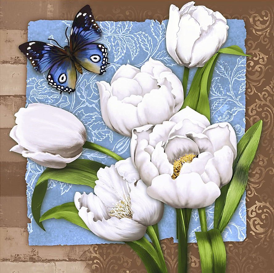весенние цветы - бабочка, весенние цветы, тюльпан, тюльпаны, белые цветы, подушка - оригинал
