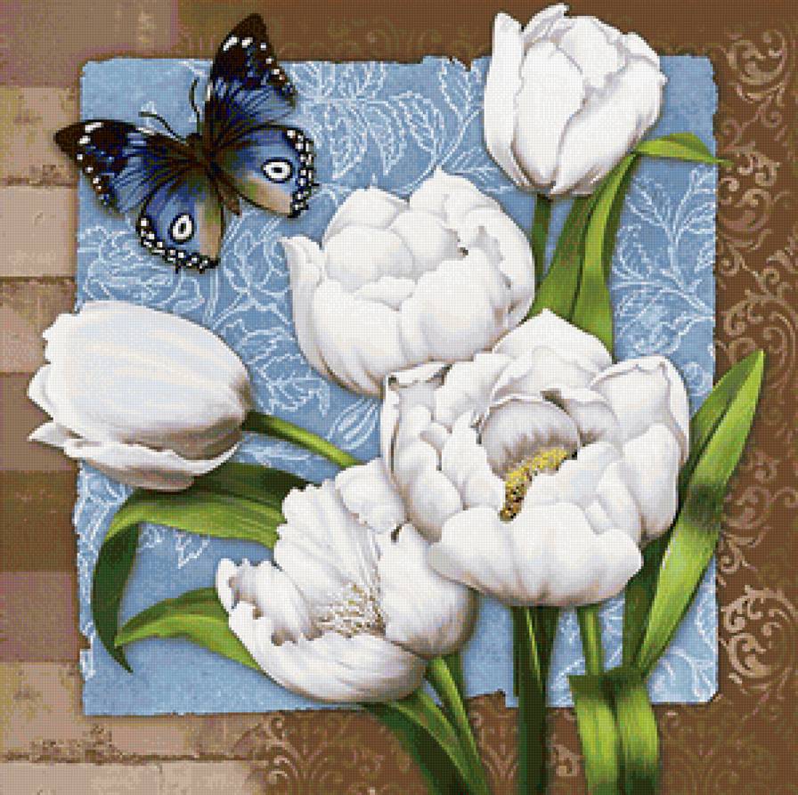 весенние цветы - тюльпаны, белые цветы, подушка, тюльпан, весенние цветы, бабочка - предпросмотр