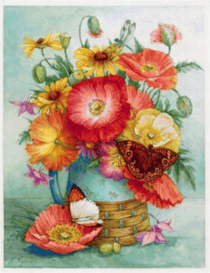 Весенний букет - полевые цветы, весна, натюрморт, цветы, бабочки - предпросмотр