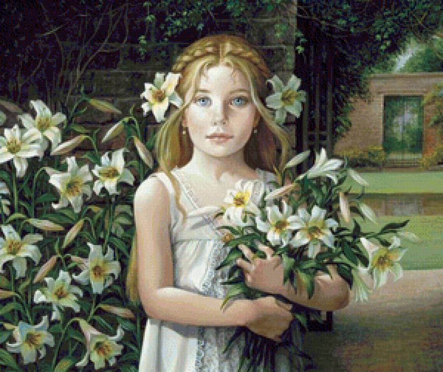 девочка с лилиями - живопись, ребенок, цветы, портрет, дети, девочка, лилии, картина - предпросмотр