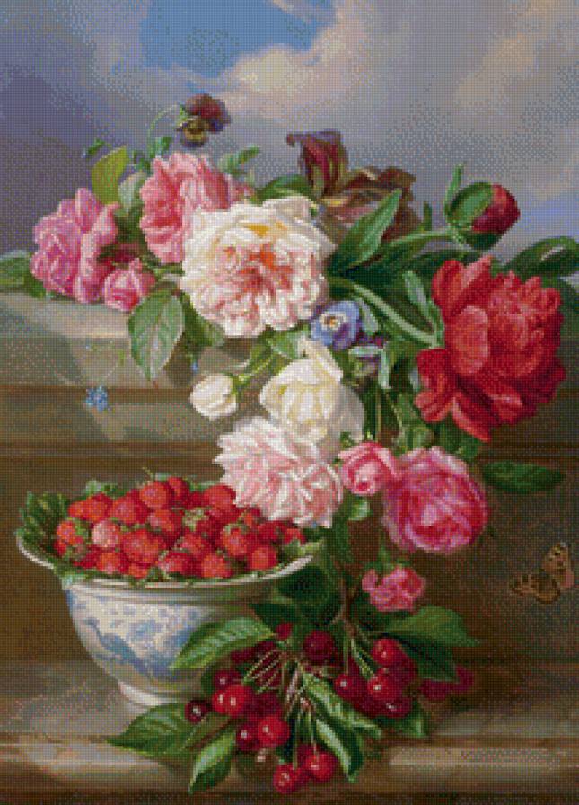 натюрморт с вишней - натюрморт, картина, розы, ягоды, фрукты, цветы - предпросмотр