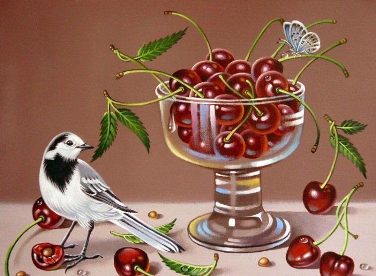 натюрморт с птичкой - натюрморт, картина, птицы, фрукты - оригинал