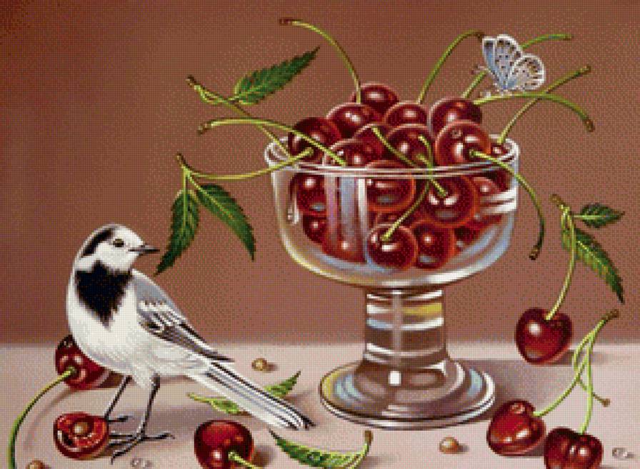 натюрморт с птичкой - натюрморт, картина, птицы, фрукты - предпросмотр