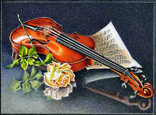 музыка и цветы - ноты, роза, скрипка, желтые цветы - оригинал