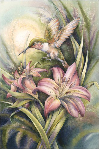 колибри и лилии - колибри, лилии, природа, цветы - оригинал
