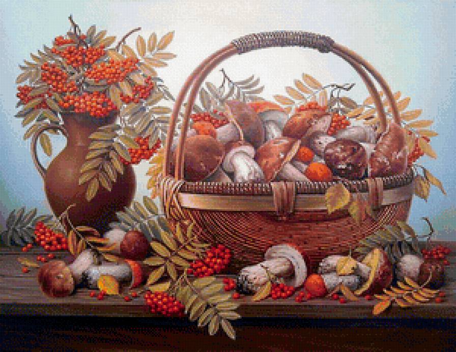 осенние дары - корзина, рябина, натюрморт, грибы, ягоды - предпросмотр