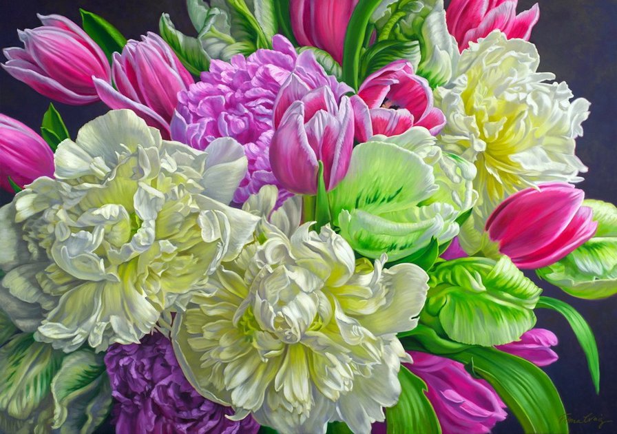 Пионы и тюльпаны - розовые цветы, пионы, белые цветы, букет, цветы, тюльпаны, живопись - оригинал