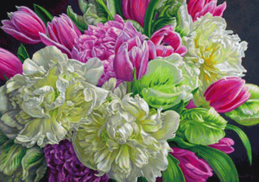 Пионы и тюльпаны - живопись, букет, белые цветы, розовые цветы, пионы, тюльпаны, цветы - предпросмотр