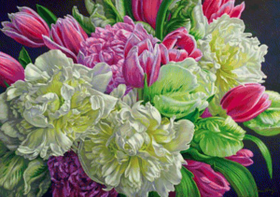 Пионы и тюльпаны - розовые цветы, пионы, тюльпаны, цветы, белые цветы, букет, живопись - предпросмотр