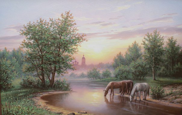 Водопой - животные, природа, пейзаж, лошади, река - оригинал