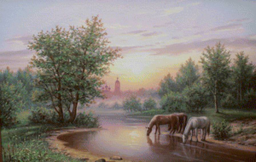 Водопой - пейзаж, природа, лошади, животные, река - предпросмотр