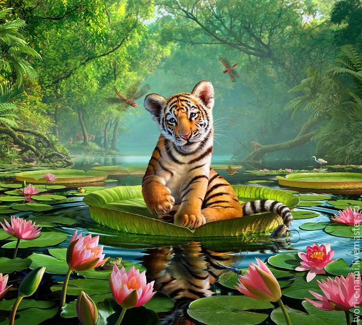 Тигрёнок на озере - озеро, тигр - оригинал