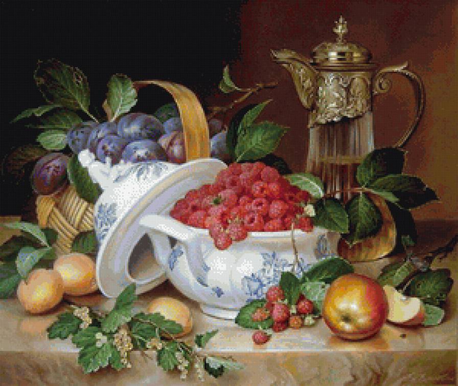 Натюрморт - сливы, малина, ягоды, смородина, натюрморт, для кухни, фрукты, яблоки - предпросмотр