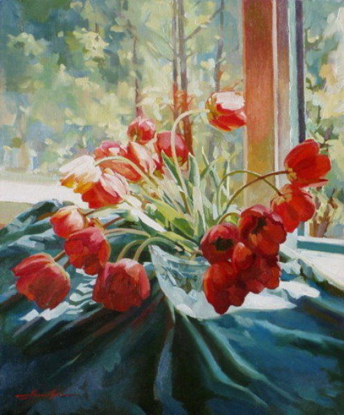 тюльпаны на окне - цветы, натюрморт - оригинал
