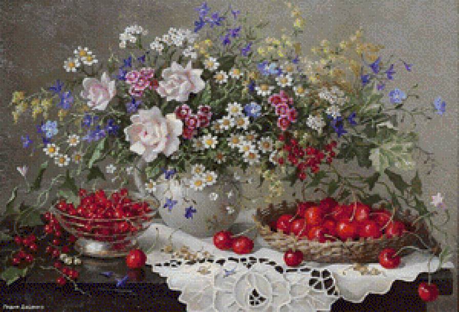 натюрморт с ягодами и цветами - цветы, натюрморт - предпросмотр